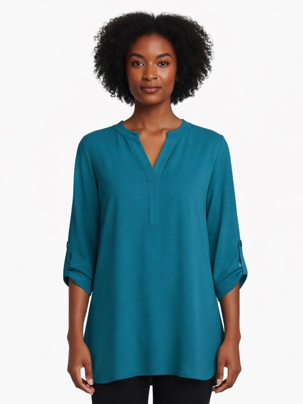Multiples Teal Pleated Back Tunic Blouse Roll Tab Sleeve Size S